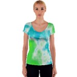 Turquoise And Green Clouds Women s V-Neck Cap Sleeve Top