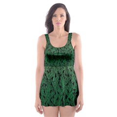 Green Ombre Feather Pattern, Black, Skater Dress Swimsuit by Zandiepants