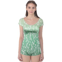 Green Ombre Feather Pattern, White, Boyleg Leotard (ladies) by Zandiepants