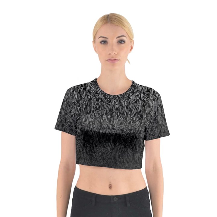 Grey Ombre Feather Pattern, Black, Cotton Crop Top