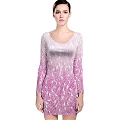 Pink Ombre Feather Pattern, White, Long Sleeve Velvet Bodycon Dress by Zandiepants