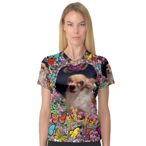 Chi Chi In Butterflies, Chihuahua Dog In Cute Hat Women s V-neck Sport Mesh Tee by DianeClancy