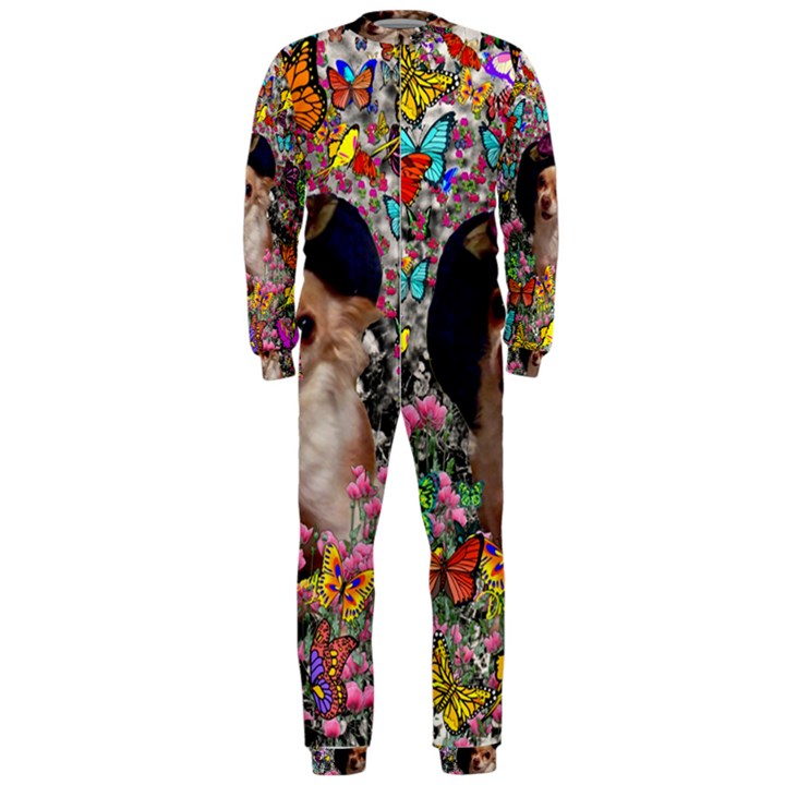 Chi Chi In Butterflies, Chihuahua Dog In Cute Hat OnePiece Jumpsuit (Men) 