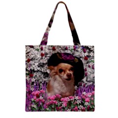 Chi Chi In Flowers, Chihuahua Puppy In Cute Hat Grocery Tote Bag by DianeClancy