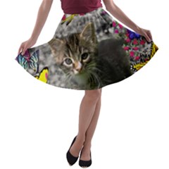 Emma In Butterflies I, Gray Tabby Kitten A-line Skater Skirt