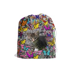 Emma In Butterflies I, Gray Tabby Kitten Drawstring Pouches (large)  by DianeClancy