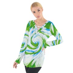 Tie Dye Green Blue Abstract Swirl Women s Tie Up Tee by BrightVibesDesign