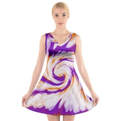 Tie Dye Purple Orange Abstract Swirl V-neck Sleeveless Skater Dress by BrightVibesDesign