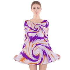 Tie Dye Purple Orange Abstract Swirl Long Sleeve Velvet Skater Dress by BrightVibesDesign