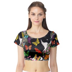 Freckles In Butterflies I, Black White Tux Cat Short Sleeve Crop Top (tight Fit) by DianeClancy