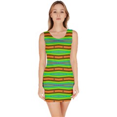 Bright Green Orange Lines Stripes Sleeveless Bodycon Dress by BrightVibesDesign