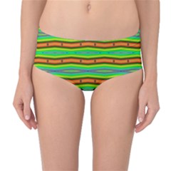 Bright Green Orange Lines Stripes Mid-Waist Bikini Bottoms