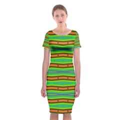 Bright Green Orange Lines Stripes Classic Short Sleeve Midi Dress