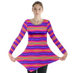 Bright Pink Purple Lines Stripes Long Sleeve Tunic  by BrightVibesDesign