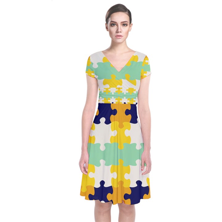 Puzzle pieces                                    Short Sleeve Front Wrap Dress