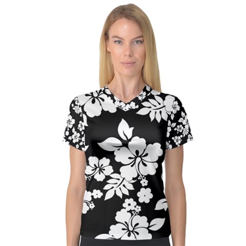 Black And White Hawaiian Women s V-neck Sport Mesh Tee by AlohaStore