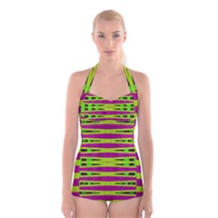 Green Pink Geometric Boyleg Halter Swimsuit 