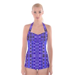 Blue Black Geometric Pattern Boyleg Halter Swimsuit 