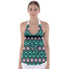 Fancy Teal Red Pattern Babydoll Tankini Top by BrightVibesDesign