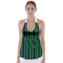 Dark Blue Green Striped Pattern Babydoll Tankini Top by BrightVibesDesign