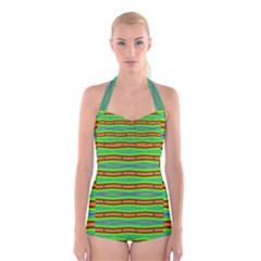 Bright Green Orange Lines Boyleg Halter Swimsuit 