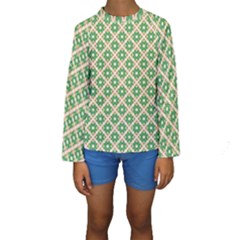 Crisscross Pastel Green Beige Kid s Long Sleeve Swimwear by BrightVibesDesign