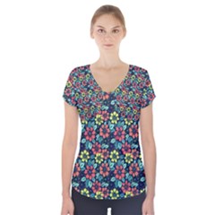 Tropical Flowers Short Sleeve Front Detail Top by olgart