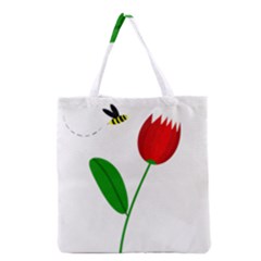 Red Tulip And Bee Grocery Tote Bag