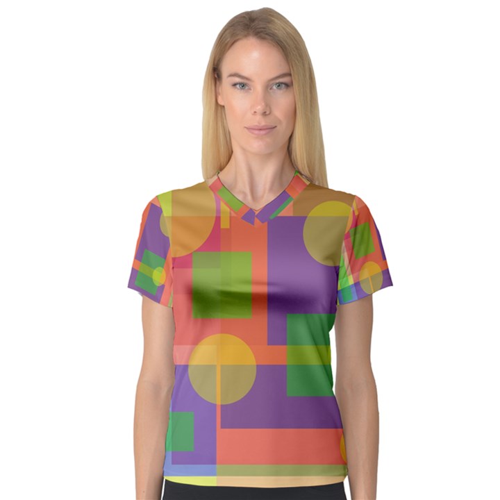 Colorful geometrical design Women s V-Neck Sport Mesh Tee