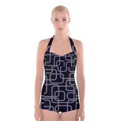 Black And Gray Decorative Design Boyleg Halter Swimsuit  by Valentinaart