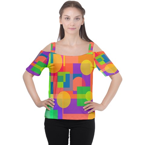 Colorful Geometrical Design Women s Cutout Shoulder Tee by Valentinaart