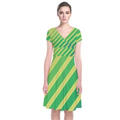 Green And Yellow Lines Short Sleeve Front Wrap Dress by Valentinaart