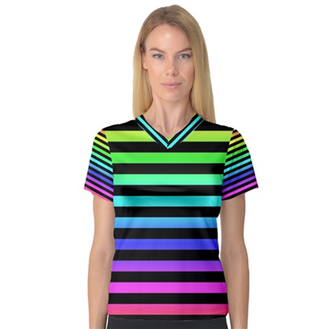 Rainbow Stripes Women s V-neck Sport Mesh Tee by ArtistRoseanneJones