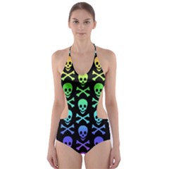 Rainbow Skull And Crossbones Pattern Cut-out One Piece Swimsuit by ArtistRoseanneJones