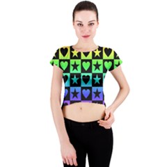 Rainbow Stars And Hearts Crew Neck Crop Top by ArtistRoseanneJones