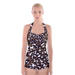 Black Brown And White Camo Streaks Boyleg Halter Swimsuit  by TRENDYcouture