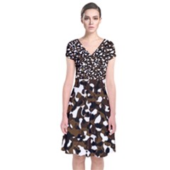 Black Brown And White Camo Streaks Short Sleeve Front Wrap Dress