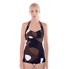 Black Brown And White Abstract 3 Boyleg Halter Swimsuit  by TRENDYcouture