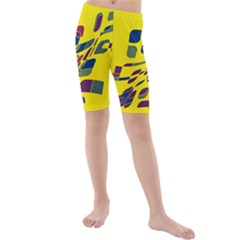Yellow Abstraction Kid s Mid Length Swim Shorts by Valentinaart