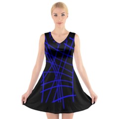 Neon Blue Abstraction V-neck Sleeveless Skater Dress by Valentinaart