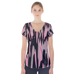 Pink And Black Camouflage Abstract Short Sleeve Front Detail Top by TRENDYcouture