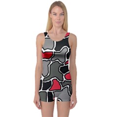 Black, Gray And Red Abstraction One Piece Boyleg Swimsuit by Valentinaart