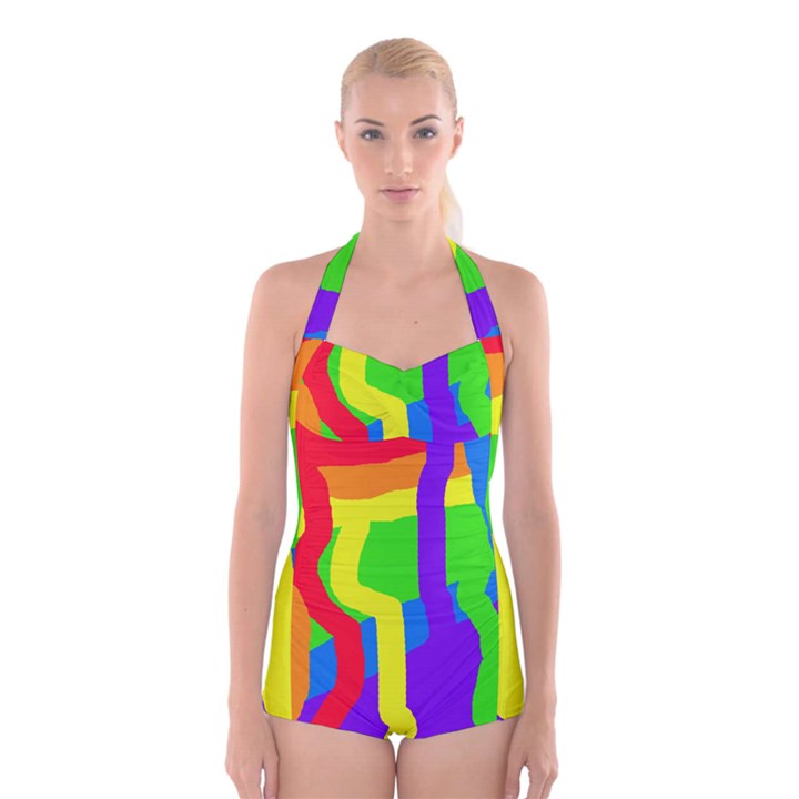 Rainbow abstraction Boyleg Halter Swimsuit 