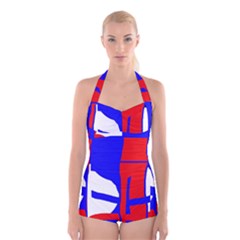 Blue, Red, White Design  Boyleg Halter Swimsuit  by Valentinaart