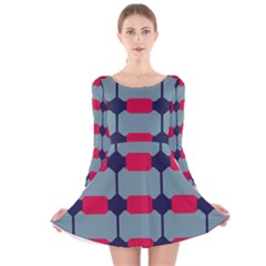 Red Blue Shapes Pattern                                                                                     Long Sleeve Velvet Skater Dress by LalyLauraFLM