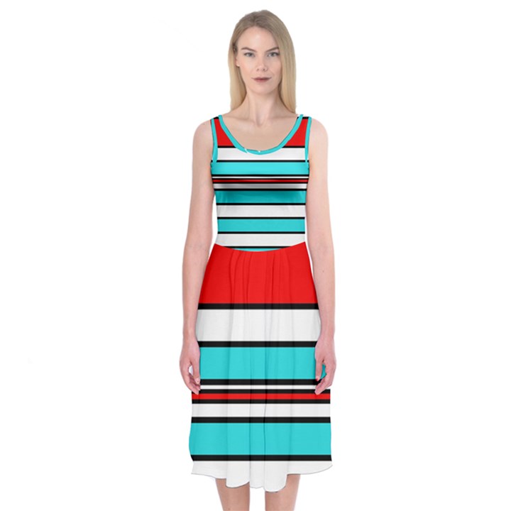 Blue, red, and white lines Midi Sleeveless Dress