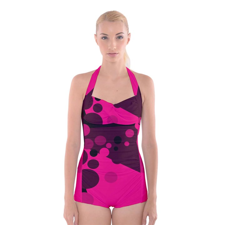 Pink dots Boyleg Halter Swimsuit 