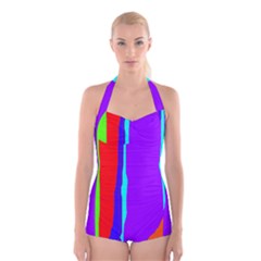 Colorful Decorative Lines Boyleg Halter Swimsuit  by Valentinaart