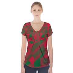 Red And Green Abstract Design Short Sleeve Front Detail Top by Valentinaart