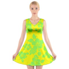 Bright Hawaiian V-neck Sleeveless Skater Dress